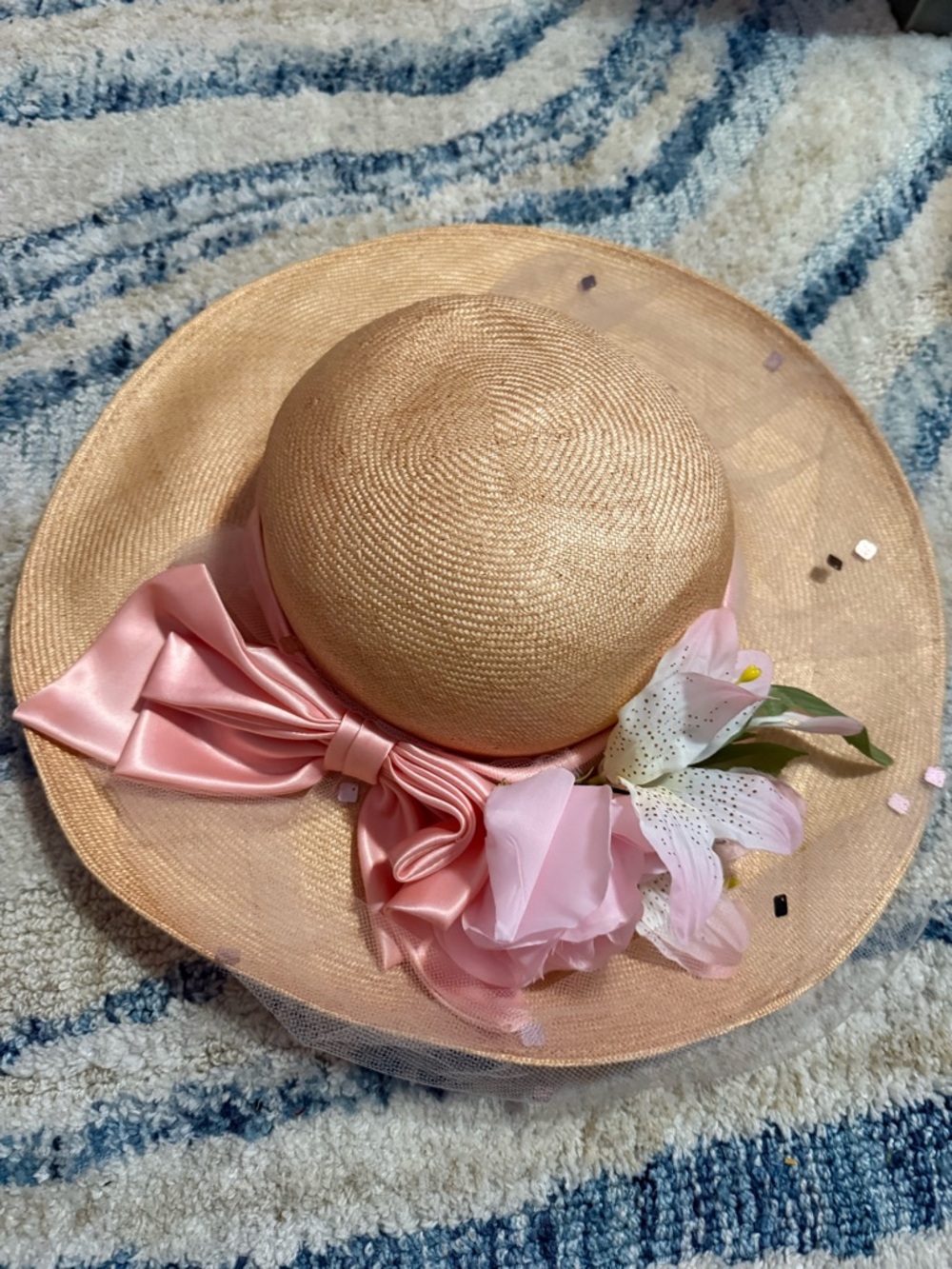 Miss Bierner Vintage Straw Sun Hat with Pink Satin Bow and Floral Accent